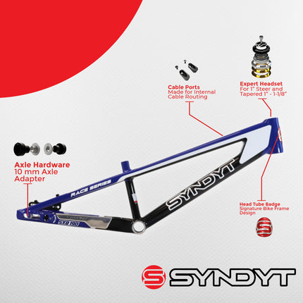 Syndyt 190 Junior XL BMX Racing Bike Frame – 19” Top Tube, 6061-T6 Aluminum (2.86 lbs), Tapered 38/42 Head Tube,Standard Euro BB, 10/15 mm Hubs, 140mm Disc Brake,  Chain Tensioners  Blue Bicycle Frame