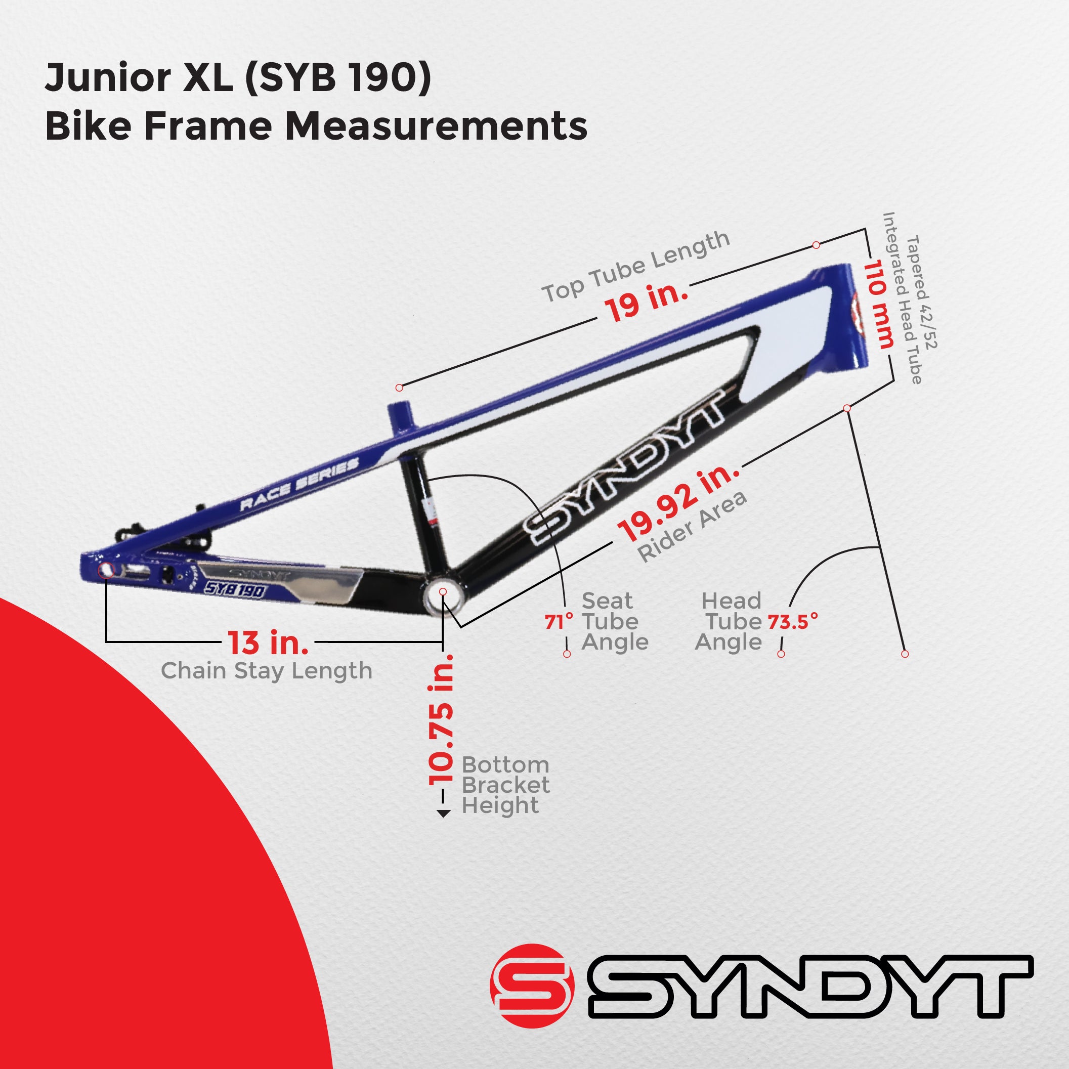 Syndyt 190 Junior XL BMX Racing Bike Frame – 19” Top Tube, 6061-T6 Aluminum (2.86 lbs), Tapered 38/42 Head Tube,Standard Euro BB, 10/15 mm Hubs, 140mm Disc Brake,  Chain Tensioners  Blue Bicycle Frame