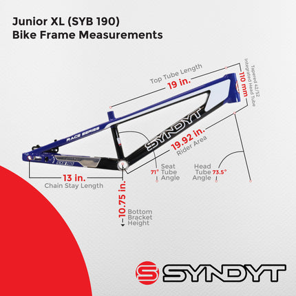 Syndyt 190 Junior XL BMX Racing Bike Frame – 19” Top Tube, 6061-T6 Aluminum (2.86 lbs), Tapered 38/42 Head Tube,Standard Euro BB, 10/15 mm Hubs, 140mm Disc Brake,  Chain Tensioners  Blue Bicycle Frame