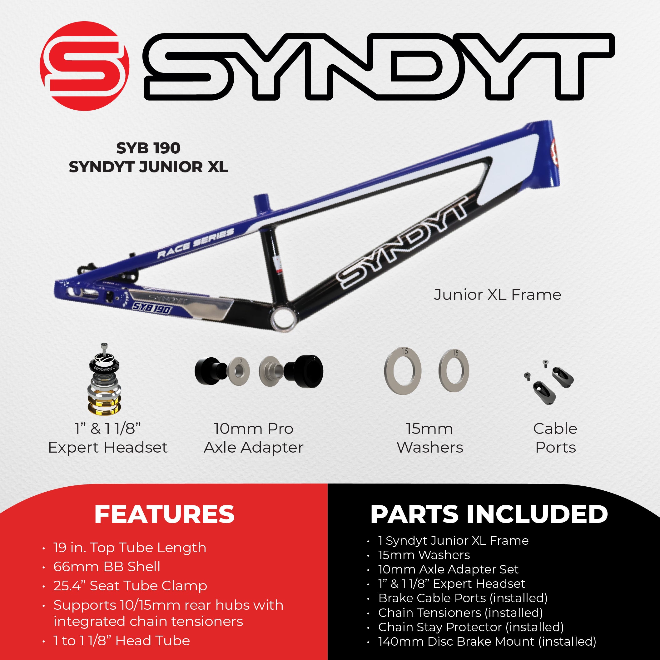 Syndyt 190 Junior XL BMX Racing Bike Frame – 19” Top Tube, 6061-T6 Aluminum (2.86 lbs), Tapered 38/42 Head Tube,Standard Euro BB, 10/15 mm Hubs, 140mm Disc Brake,  Chain Tensioners  Blue Bicycle Frame