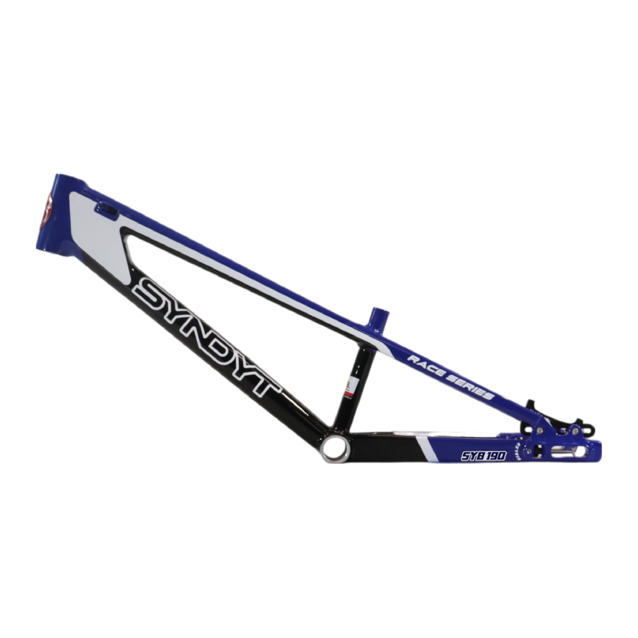 Syndyt 190 Junior XL BMX Racing Bike Frame – 19” Top Tube, 6061-T6 Aluminum (2.86 lbs), Tapered 38/42 Head Tube,Standard Euro BB, 10/15 mm Hubs, 140mm Disc Brake,  Chain Tensioners  Blue Bicycle Frame