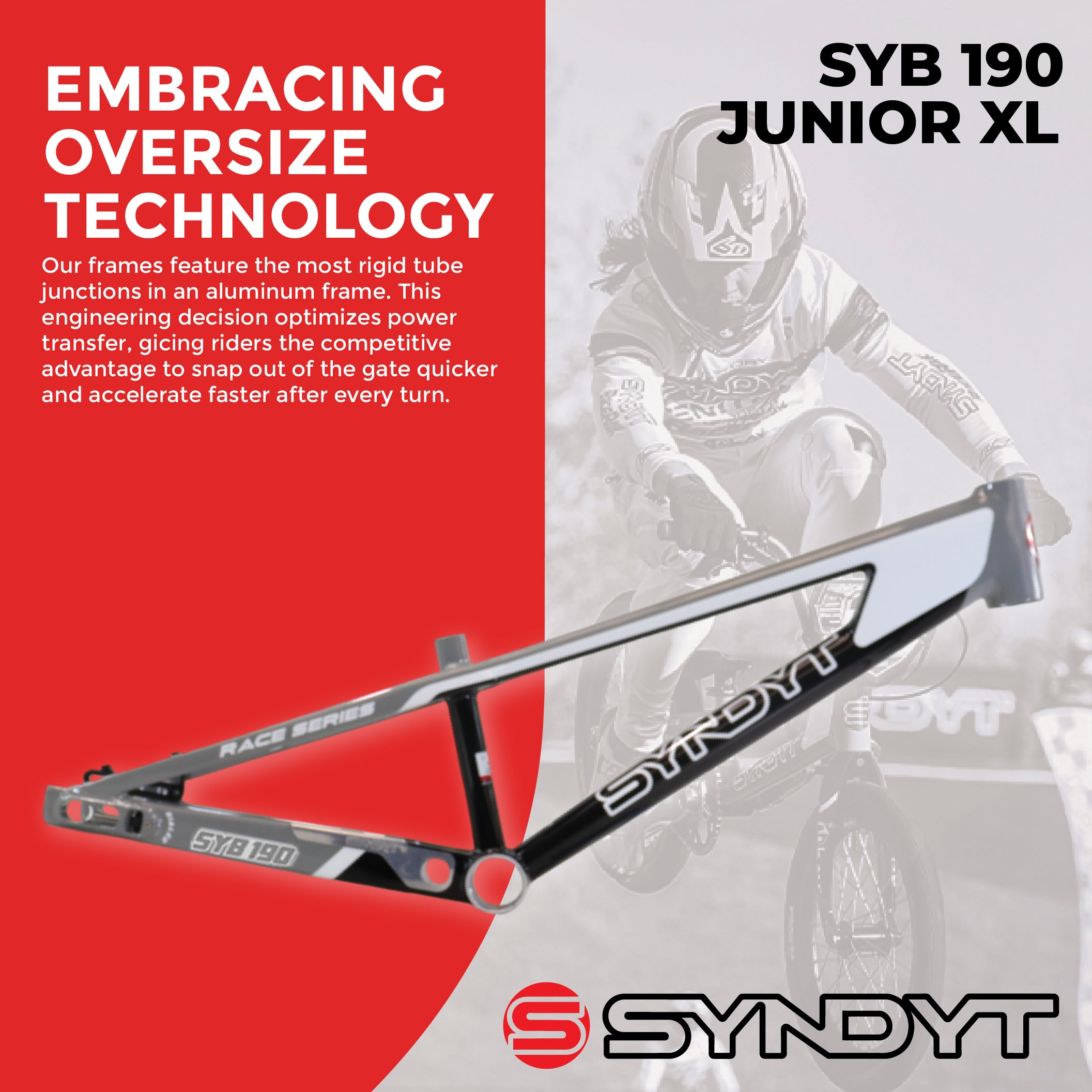 Syndyt 190 Junior XL BMX Racing Bike Frame – 19” Top Tube, 6061-T6 Aluminum (2.86 lbs), Tapered 38/42 Head Tube,Standard Euro BB, 10/15 mm Hubs, 140mm Disc Brake,  Chain Tensioners  Gray Bicycle Frame