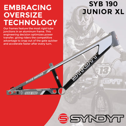 Syndyt 190 Junior XL BMX Racing Bike Frame – 19” Top Tube, 6061-T6 Aluminum (2.86 lbs), Tapered 38/42 Head Tube,Standard Euro BB, 10/15 mm Hubs, 140mm Disc Brake,  Chain Tensioners  Gray Bicycle Frame