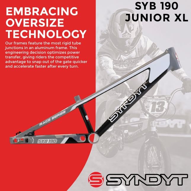 Syndyt 190 Junior XL BMX Racing Bike Frame – 19” Top Tube, 6061-T6 Aluminum (2.86 lbs), Tapered 38/42 Head Tube,Standard Euro BB, 10/15 mm Hubs, 140mm Disc Brake,  Chain Tensioners  Gray Bicycle Frame