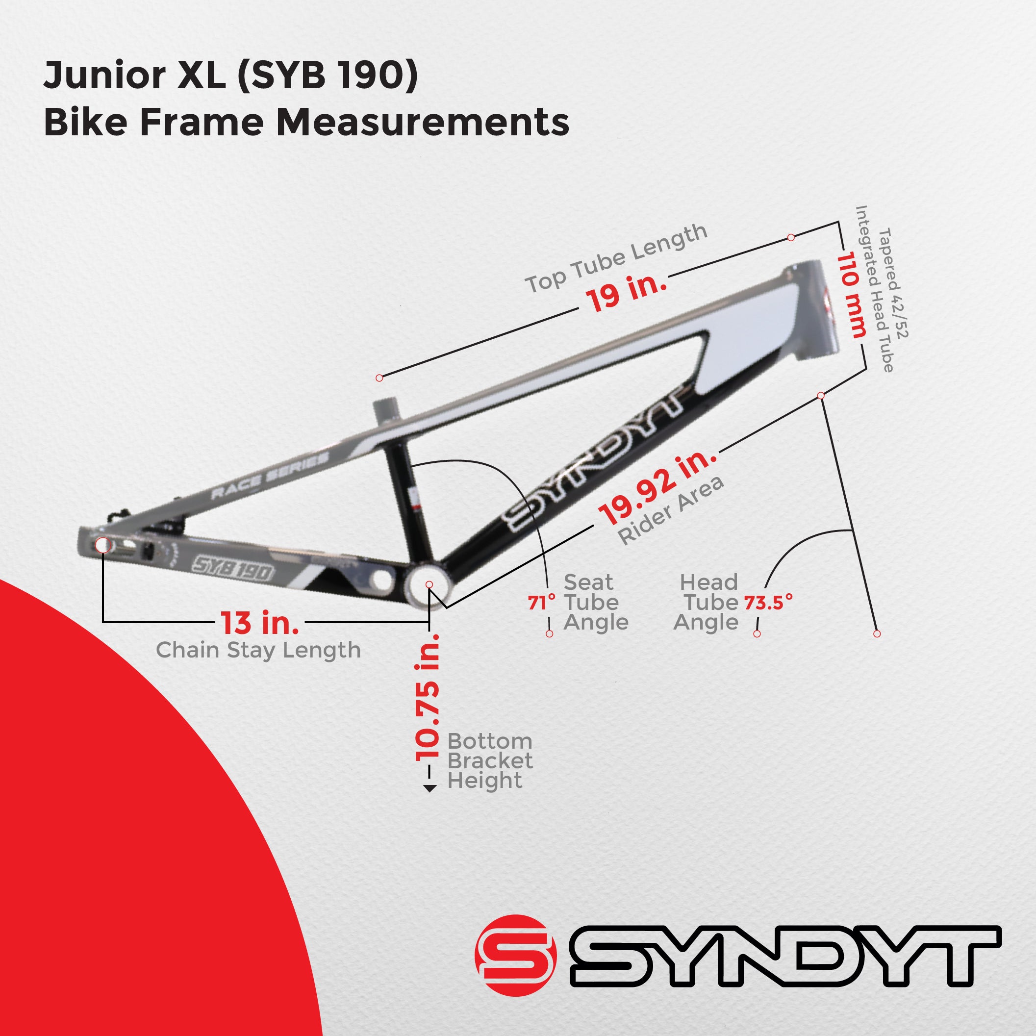 Syndyt 190 Junior XL BMX Racing Bike Frame – 19” Top Tube, 6061-T6 Aluminum (2.86 lbs), Tapered 38/42 Head Tube,Standard Euro BB, 10/15 mm Hubs, 140mm Disc Brake,  Chain Tensioners  Gray Bicycle Frame