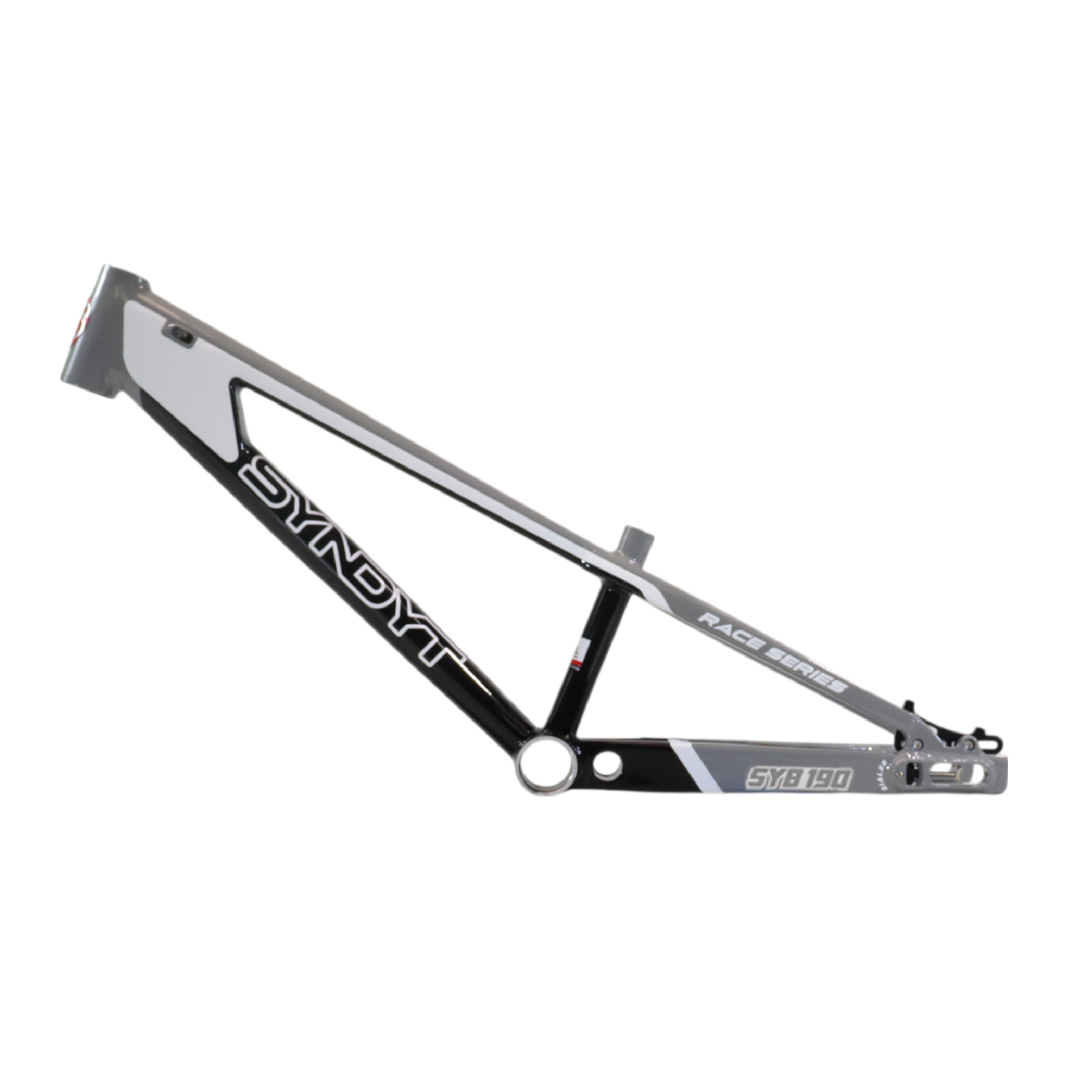 Syndyt 190 Junior XL BMX Racing Bike Frame – 19” Top Tube, 6061-T6 Aluminum (2.86 lbs), Tapered 38/42 Head Tube,Standard Euro BB, 10/15 mm Hubs, 140mm Disc Brake,  Chain Tensioners  Gray Bicycle Frame