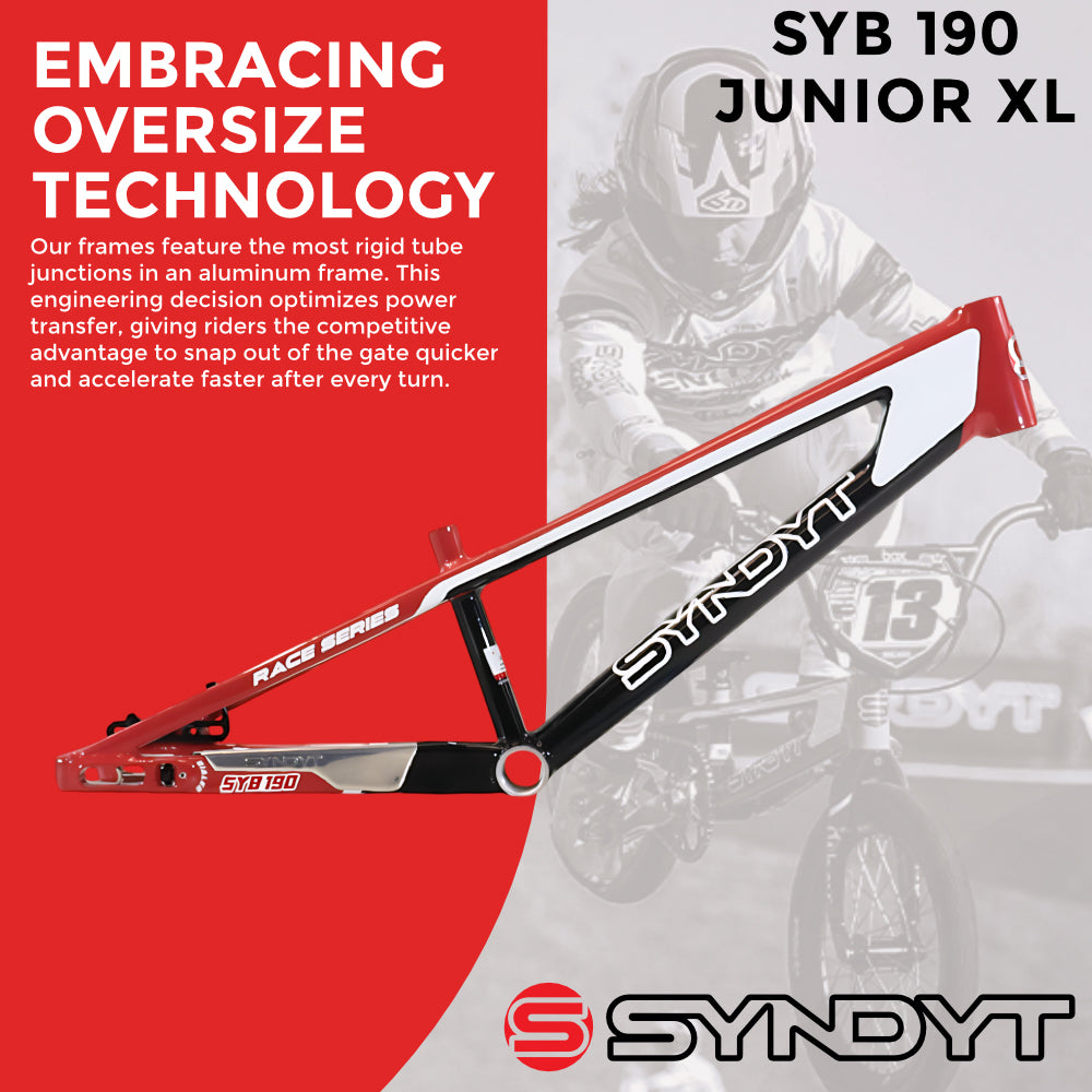 Syndyt 190 Junior XL BMX Racing Bike Frame – 19” Top Tube, 6061-T6 Aluminum (2.86 lbs), Tapered 38/42 Head Tube,Standard Euro BB, 10/15 mm Hubs, 140mm Disc Brake,  Chain Tensioners – Red Bicycle Frame