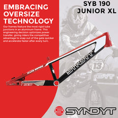Syndyt 190 Junior XL BMX Racing Bike Frame – 19” Top Tube, 6061-T6 Aluminum (2.86 lbs), Tapered 38/42 Head Tube,Standard Euro BB, 10/15 mm Hubs, 140mm Disc Brake,  Chain Tensioners – Red Bicycle Frame