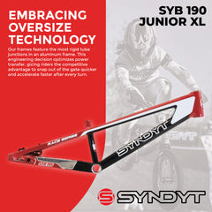 Syndyt 190 Junior XL BMX Racing Bike Frame – 19” Top Tube, 6061-T6 Aluminum (2.86 lbs), Tapered 38/42 Head Tube,Standard Euro BB, 10/15 mm Hubs, 140mm Disc Brake,  Chain Tensioners – Red Bicycle Frame