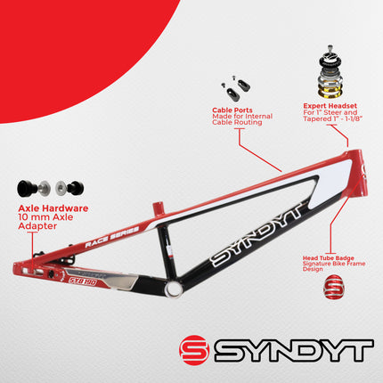 Syndyt 190 Junior XL BMX Racing Bike Frame – 19” Top Tube, 6061-T6 Aluminum (2.86 lbs), Tapered 38/42 Head Tube,Standard Euro BB, 10/15 mm Hubs, 140mm Disc Brake,  Chain Tensioners – Red Bicycle Frame