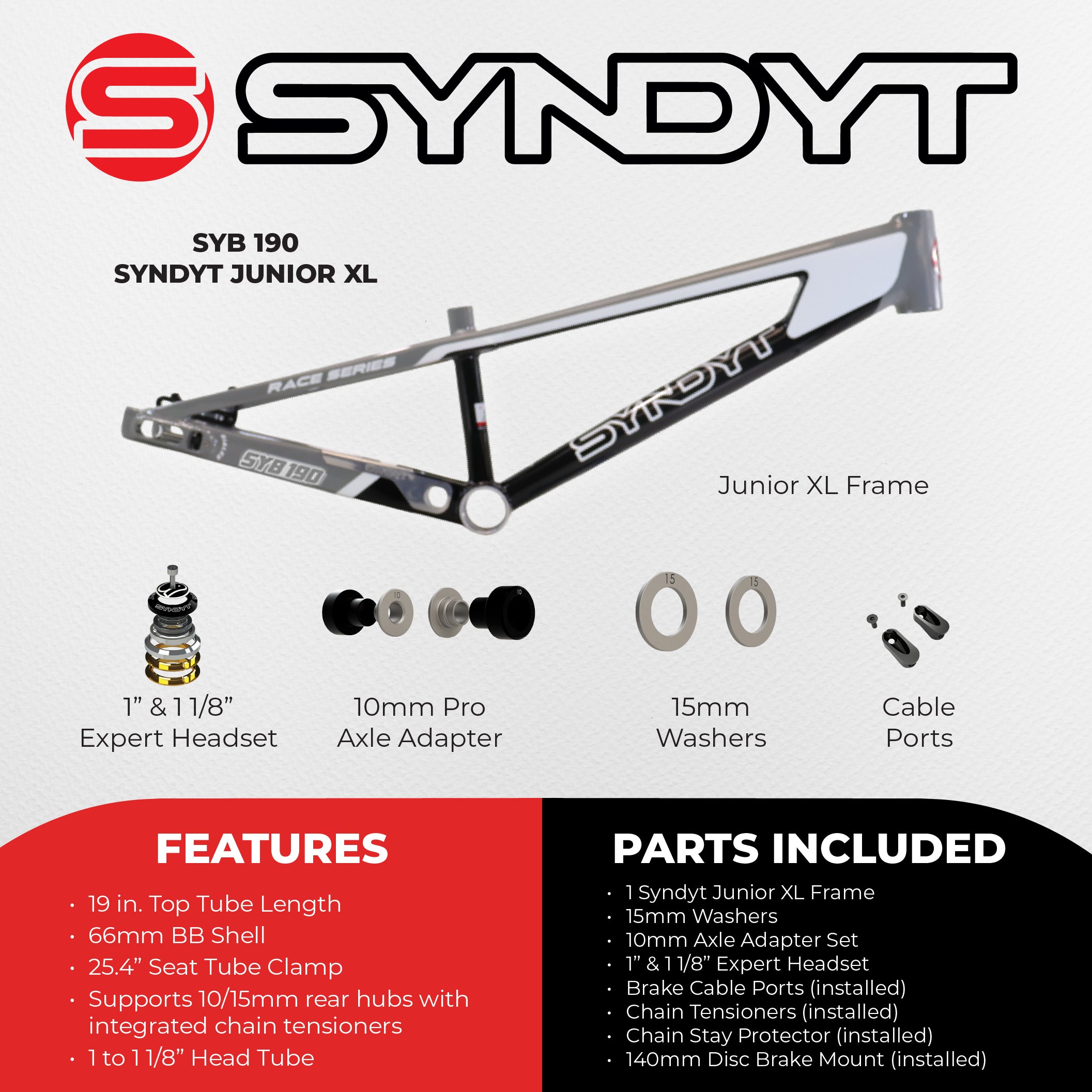 Syndyt 190 Junior XL BMX Racing Bike Frame – 19” Top Tube, 6061-T6 Aluminum (2.86 lbs), Tapered 38/42 Head Tube,Standard Euro BB, 10/15 mm Hubs, 140mm Disc Brake,  Chain Tensioners – Red Bicycle Frame