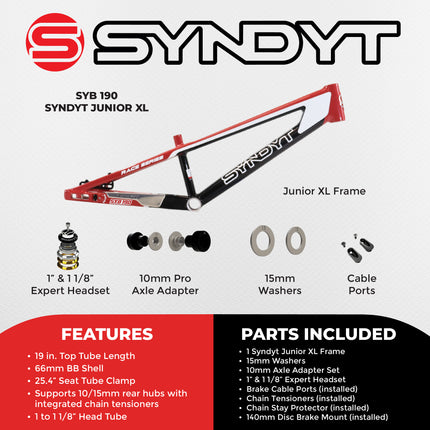 Syndyt 190 Junior XL BMX Racing Bike Frame – 19” Top Tube, 6061-T6 Aluminum (2.86 lbs), Tapered 38/42 Head Tube,Standard Euro BB, 10/15 mm Hubs, 140mm Disc Brake,  Chain Tensioners – Red Bicycle Frame