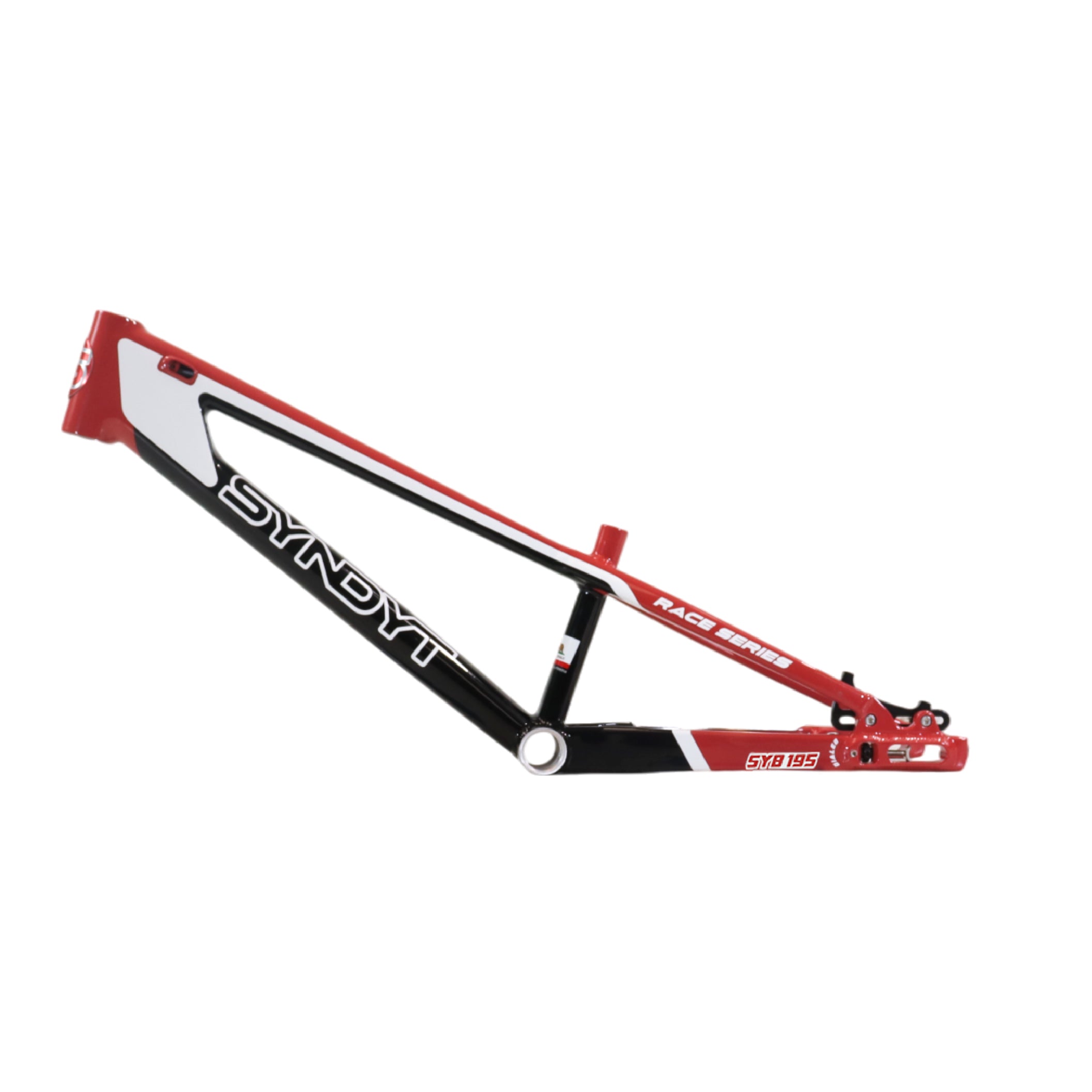 Syndyt 190 Junior XL BMX Racing Bike Frame – 19” Top Tube, 6061-T6 Aluminum (2.86 lbs), Tapered 38/42 Head Tube,Standard Euro BB, 10/15 mm Hubs, 140mm Disc Brake,  Chain Tensioners – Red Bicycle Frame