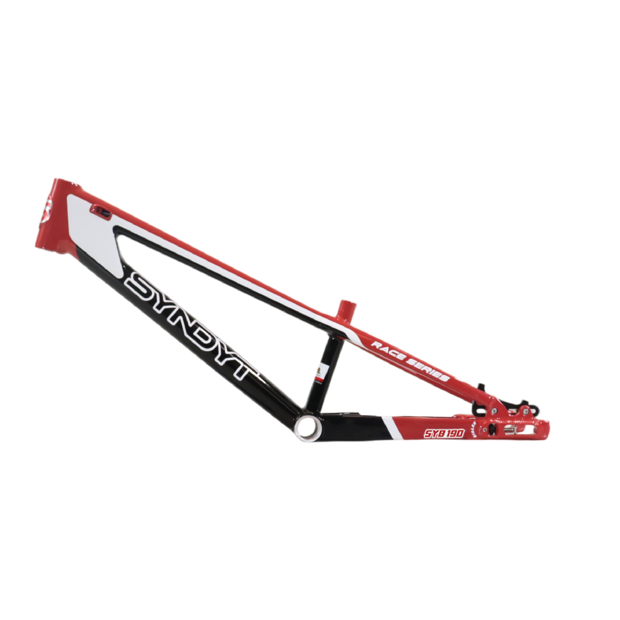 Syndyt 190 Junior XL BMX Racing Bike Frame – 19” Top Tube, 6061-T6 Aluminum (2.86 lbs), Tapered 38/42 Head Tube,Standard Euro BB, 10/15 mm Hubs, 140mm Disc Brake,  Chain Tensioners – Red Bicycle Frame