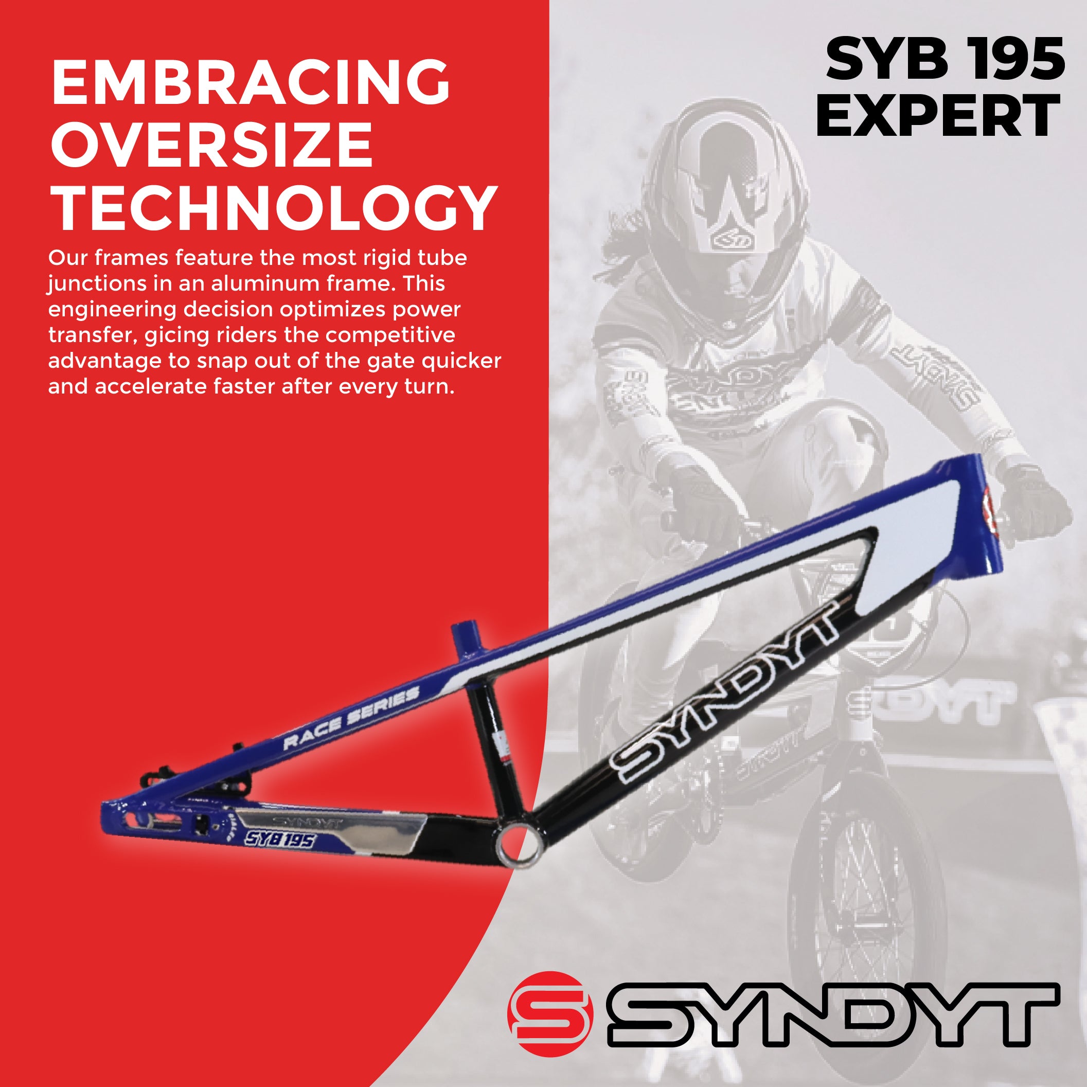 Syndyt 195 Expert BMX Racing Bike Frame – 19.5” Top Tube, 6061-T6 Aluminum (2.98 lbs), Tapered 38/42 Head Tube,Standard Euro BB, 10/15 mm Hubs, 140mm Disc Brake, Chain Tensioners  Blue Bicycle Frame