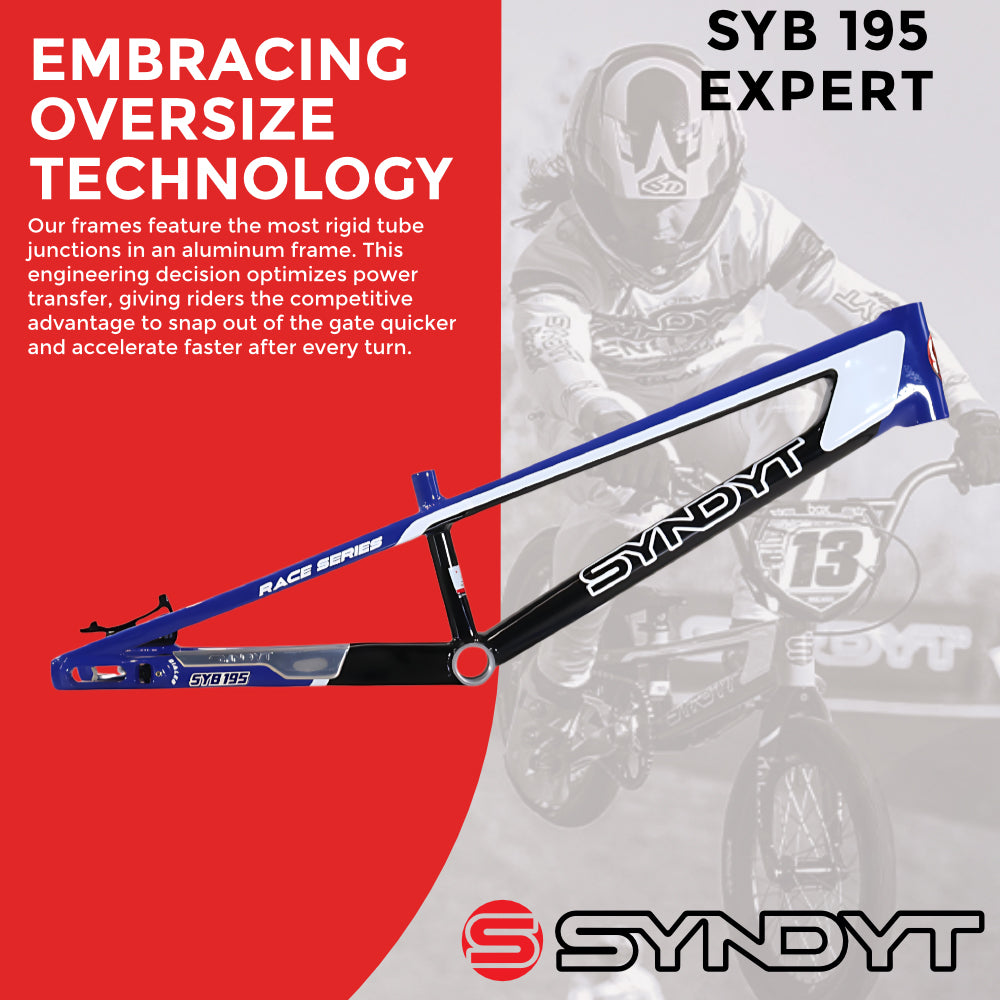 Syndyt 195 Expert BMX Racing Bike Frame – 19.5” Top Tube, 6061-T6 Aluminum (2.98 lbs), Tapered 38/42 Head Tube,Standard Euro BB, 10/15 mm Hubs, 140mm Disc Brake, Chain Tensioners  Blue Bicycle Frame