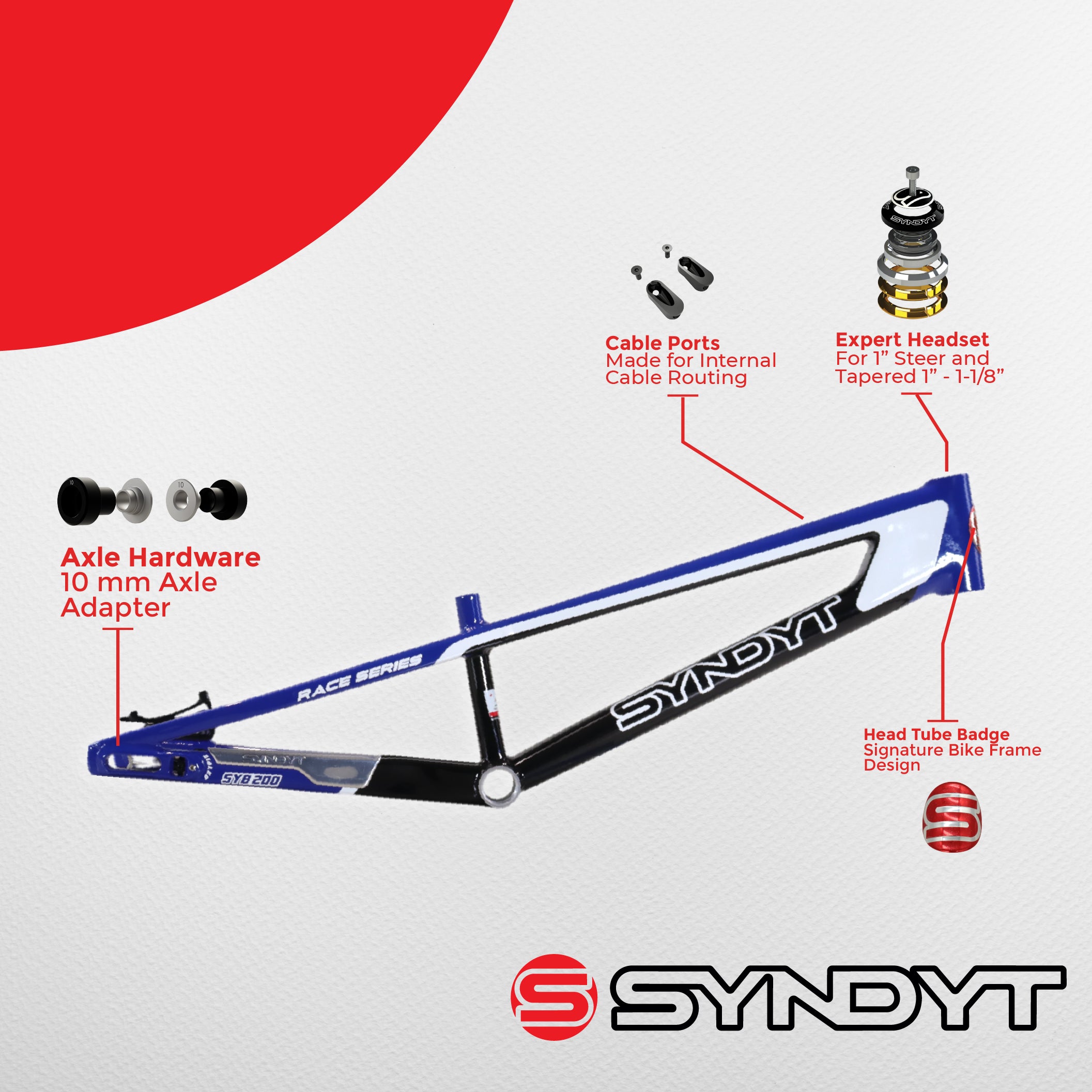 Syndyt 195 Expert BMX Racing Bike Frame – 19.5” Top Tube, 6061-T6 Aluminum (2.98 lbs), Tapered 38/42 Head Tube,Standard Euro BB, 10/15 mm Hubs, 140mm Disc Brake, Chain Tensioners  Blue Bicycle Frame