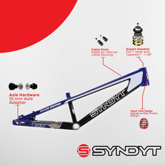 Syndyt 195 Expert BMX Racing Bike Frame – 19.5” Top Tube, 6061-T6 Aluminum (2.98 lbs), Tapered 38/42 Head Tube,Standard Euro BB, 10/15 mm Hubs, 140mm Disc Brake, Chain Tensioners  Blue Bicycle Frame