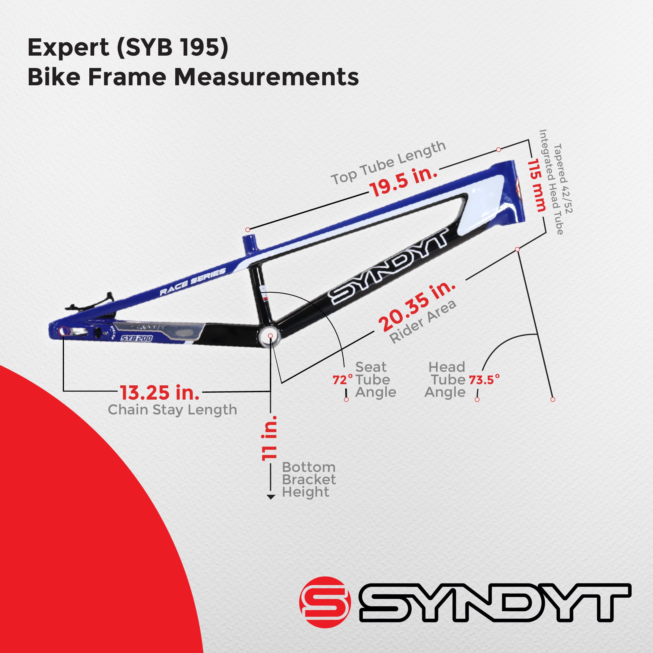 Syndyt 195 Expert BMX Racing Bike Frame – 19.5” Top Tube, 6061-T6 Aluminum (2.98 lbs), Tapered 38/42 Head Tube,Standard Euro BB, 10/15 mm Hubs, 140mm Disc Brake, Chain Tensioners  Blue Bicycle Frame