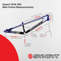 Syndyt 195 Expert BMX Racing Bike Frame – 19.5” Top Tube, 6061-T6 Aluminum (2.98 lbs), Tapered 38/42 Head Tube,Standard Euro BB, 10/15 mm Hubs, 140mm Disc Brake, Chain Tensioners  Blue Bicycle Frame