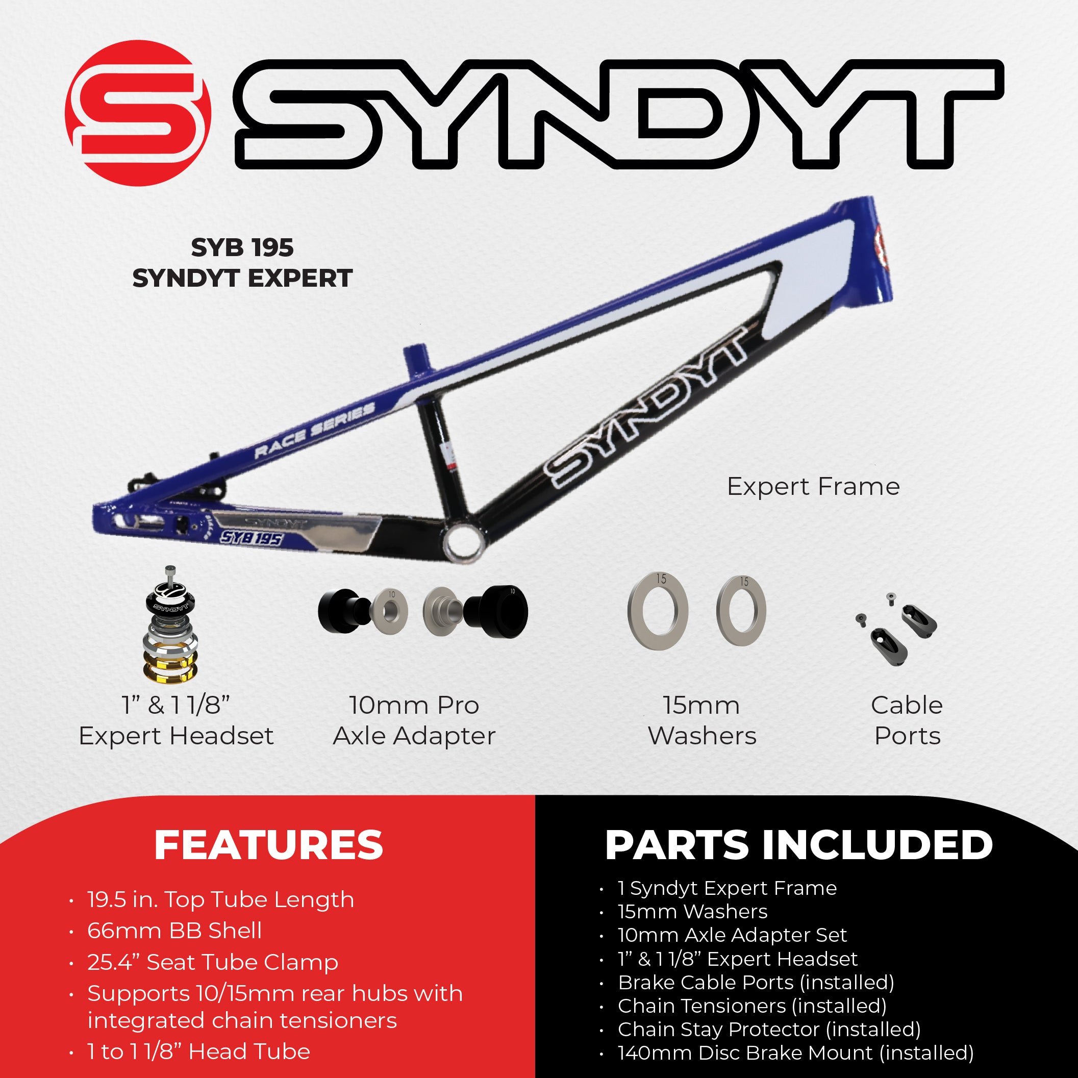 Syndyt 195 Expert BMX Racing Bike Frame – 19.5” Top Tube, 6061-T6 Aluminum (2.98 lbs), Tapered 38/42 Head Tube,Standard Euro BB, 10/15 mm Hubs, 140mm Disc Brake, Chain Tensioners  Blue Bicycle Frame