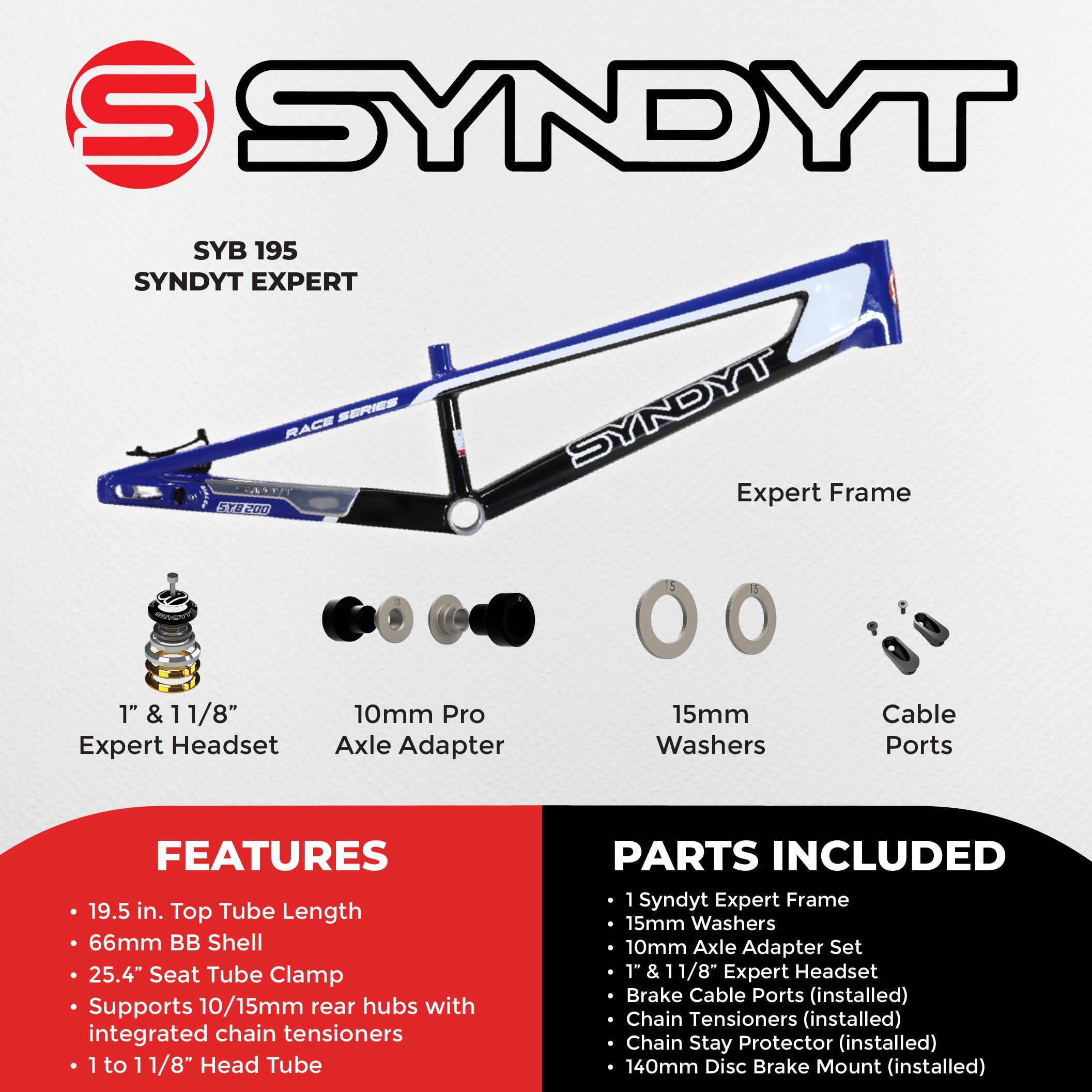 Syndyt 195 Expert BMX Racing Bike Frame – 19.5” Top Tube, 6061-T6 Aluminum (2.98 lbs), Tapered 38/42 Head Tube,Standard Euro BB, 10/15 mm Hubs, 140mm Disc Brake, Chain Tensioners  Blue Bicycle Frame