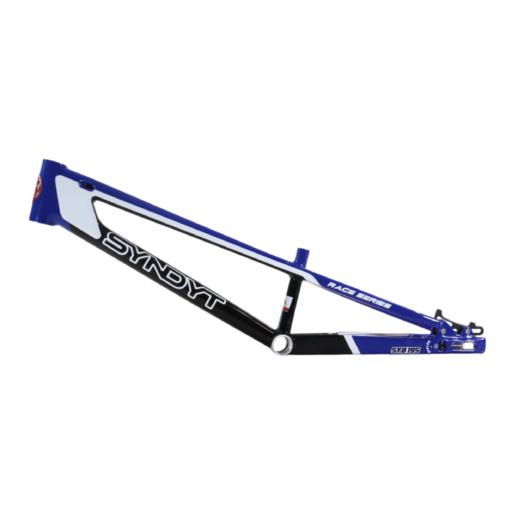 Syndyt 195 Expert BMX Racing Bike Frame – 19.5” Top Tube, 6061-T6 Aluminum (2.98 lbs), Tapered 38/42 Head Tube,Standard Euro BB, 10/15 mm Hubs, 140mm Disc Brake, Chain Tensioners  Blue Bicycle Frame