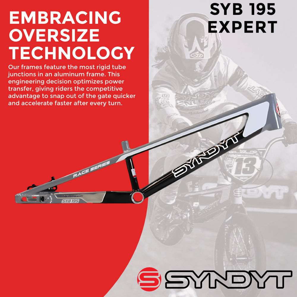 Syndyt 195 Expert BMX Racing Bike Frame – 19.5” Top Tube, 6061-T6 Aluminum (2.98 lbs), Tapered 38/42 Head Tube,Standard Euro BB, 10/15 mm Hubs, 140mm Disc Brake,  Chain Tensioners  Gray Bicycle Frame