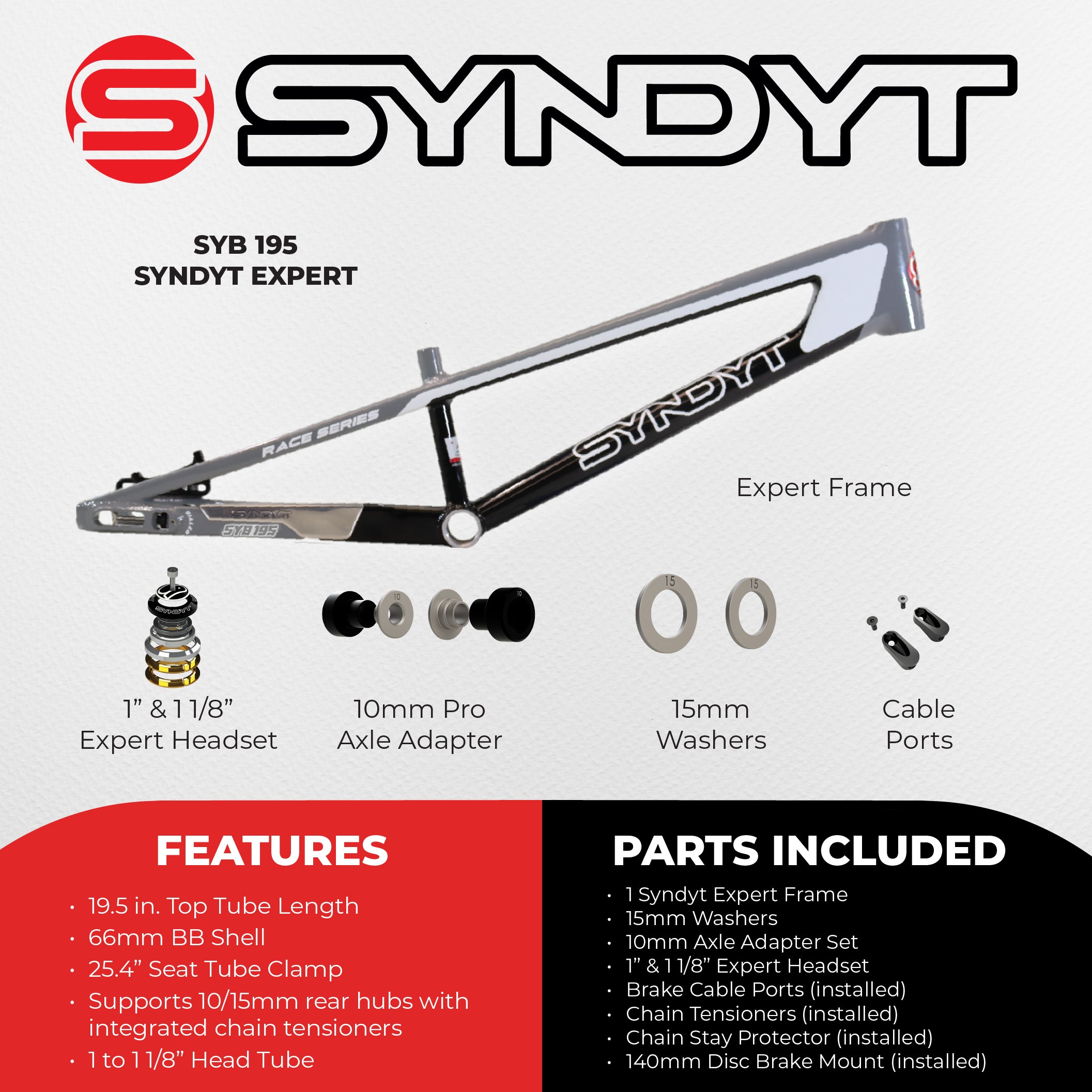 Syndyt 195 Expert BMX Racing Bike Frame – 19.5” Top Tube, 6061-T6 Aluminum (2.98 lbs), Tapered 38/42 Head Tube,Standard Euro BB, 10/15 mm Hubs, 140mm Disc Brake,  Chain Tensioners  Gray Bicycle Frame