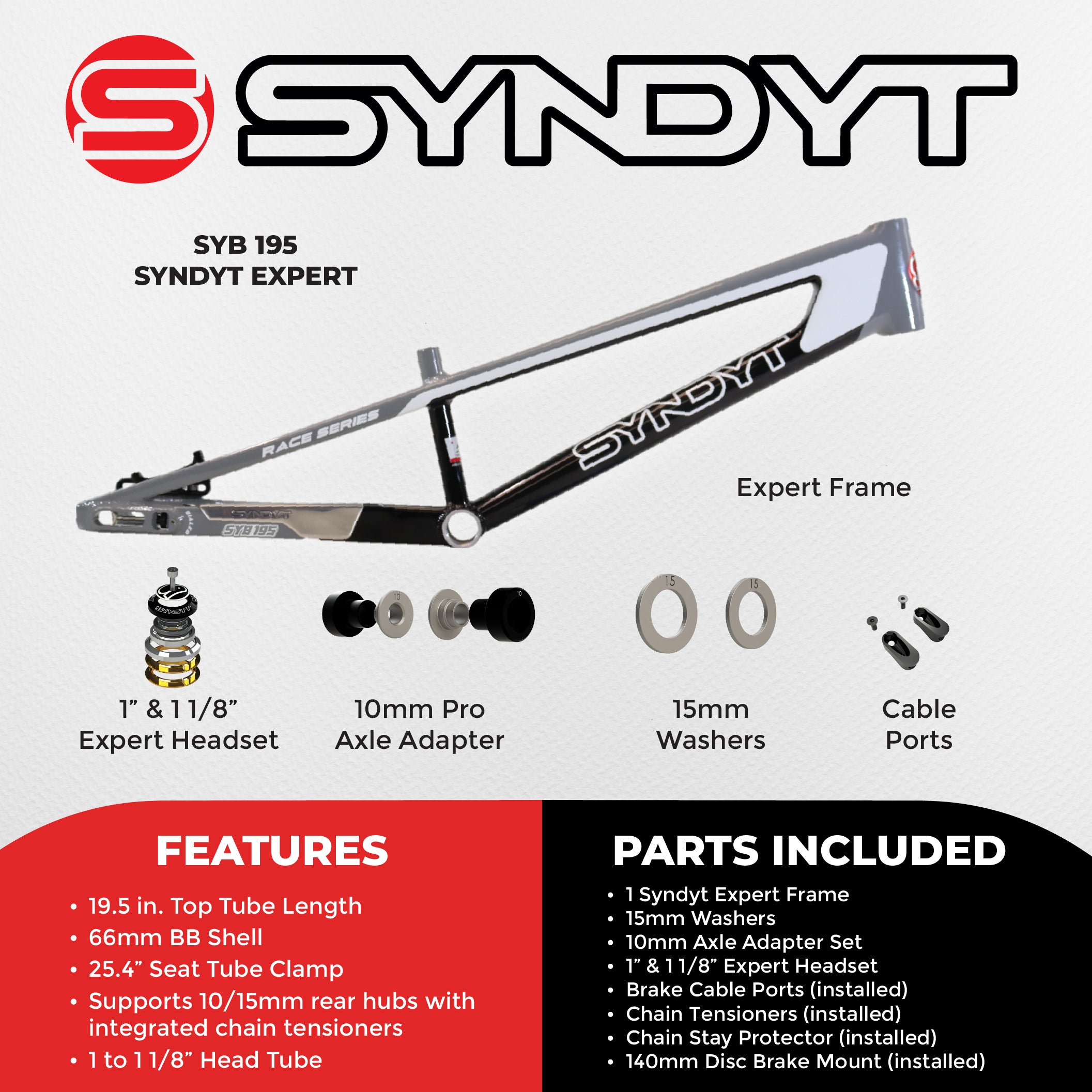 Syndyt 195 Expert BMX Racing Bike Frame – 19.5” Top Tube, 6061-T6 Aluminum (2.98 lbs), Tapered 38/42 Head Tube,Standard Euro BB, 10/15 mm Hubs, 140mm Disc Brake,  Chain Tensioners  Gray Bicycle Frame