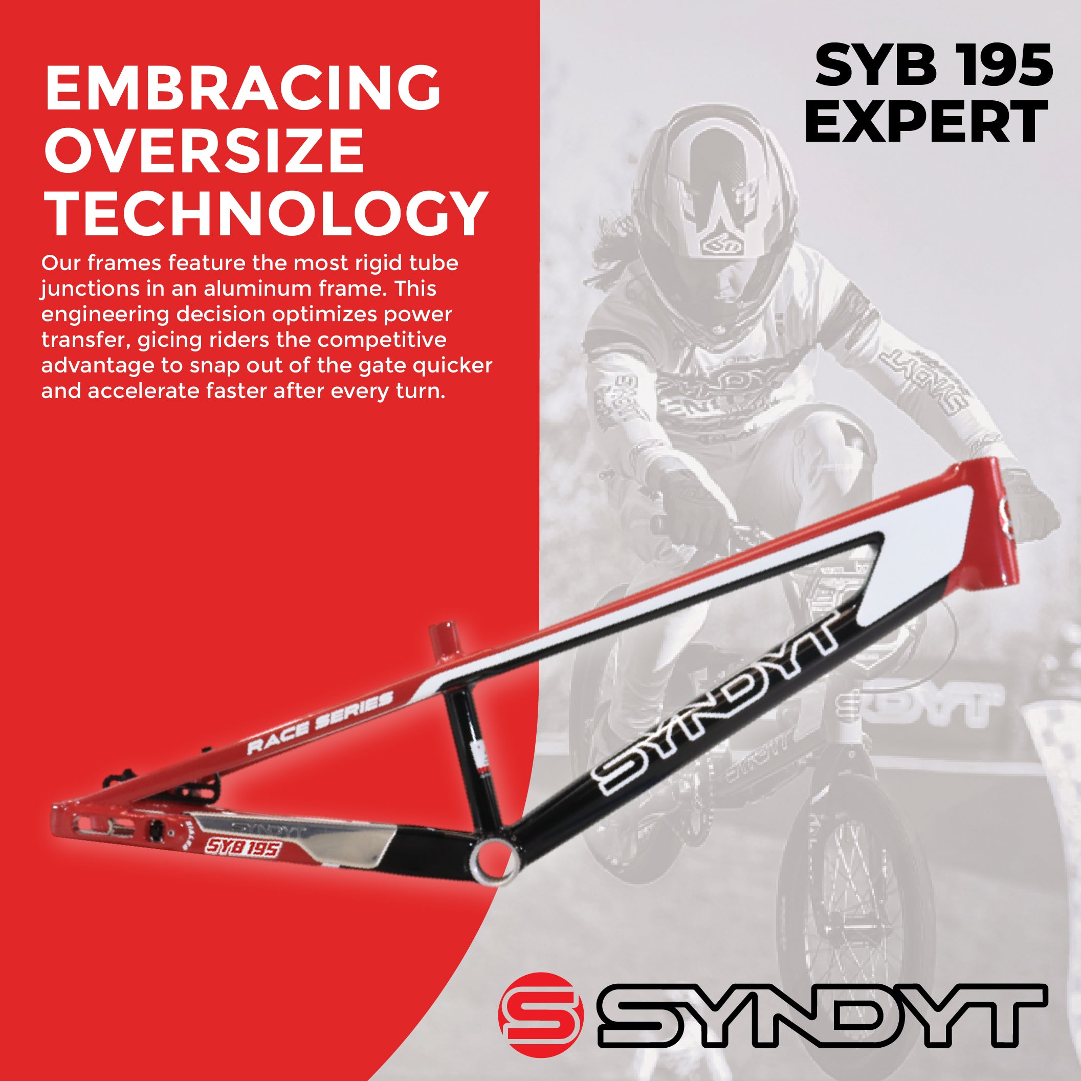 Syndyt 195 Expert BMX Racing Bike Frame – 19.5” Top Tube, 6061-T6 Aluminum (2.98 lbs), Tapered 38/42 Head Tube,Standard Euro BB, 10/15 mm Hubs, 140mm Disc Brake,  Chain Tensioners  Red Bicycle Frame
