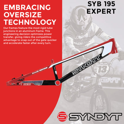 Syndyt 195 Expert BMX Racing Bike Frame – 19.5” Top Tube, 6061-T6 Aluminum (2.98 lbs), Tapered 38/42 Head Tube,Standard Euro BB, 10/15 mm Hubs, 140mm Disc Brake,  Chain Tensioners  Red Bicycle Frame