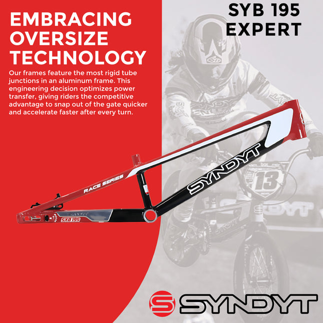 Syndyt 195 Expert BMX Racing Bike Frame – 19.5” Top Tube, 6061-T6 Aluminum (2.98 lbs), Tapered 38/42 Head Tube,Standard Euro BB, 10/15 mm Hubs, 140mm Disc Brake,  Chain Tensioners  Red Bicycle Frame