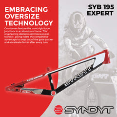 Syndyt 195 Expert BMX Racing Bike Frame – 19.5” Top Tube, 6061-T6 Aluminum (2.98 lbs), Tapered 38/42 Head Tube,Standard Euro BB, 10/15 mm Hubs, 140mm Disc Brake,  Chain Tensioners  Red Bicycle Frame