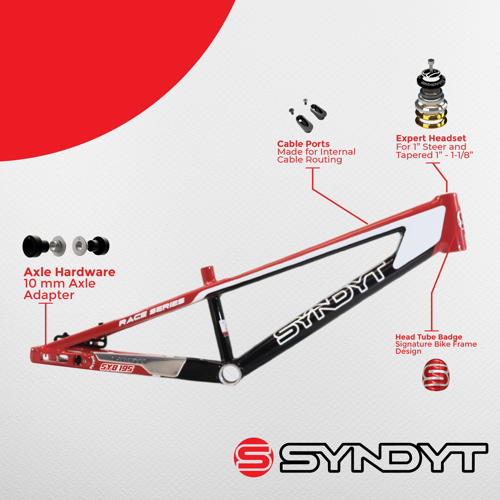 Syndyt 195 Expert BMX Racing Bike Frame – 19.5” Top Tube, 6061-T6 Aluminum (2.98 lbs), Tapered 38/42 Head Tube,Standard Euro BB, 10/15 mm Hubs, 140mm Disc Brake,  Chain Tensioners  Red Bicycle Frame
