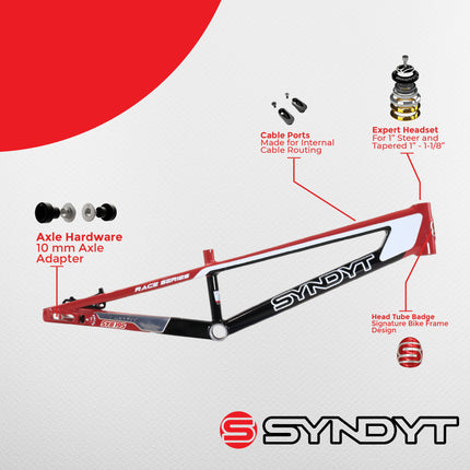 Syndyt 195 Expert BMX Racing Bike Frame – 19.5” Top Tube, 6061-T6 Aluminum (2.98 lbs), Tapered 38/42 Head Tube,Standard Euro BB, 10/15 mm Hubs, 140mm Disc Brake,  Chain Tensioners  Red Bicycle Frame