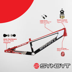 Syndyt 195 Expert BMX Racing Bike Frame – 19.5” Top Tube, 6061-T6 Aluminum (2.98 lbs), Tapered 38/42 Head Tube,Standard Euro BB, 10/15 mm Hubs, 140mm Disc Brake,  Chain Tensioners  Red Bicycle Frame