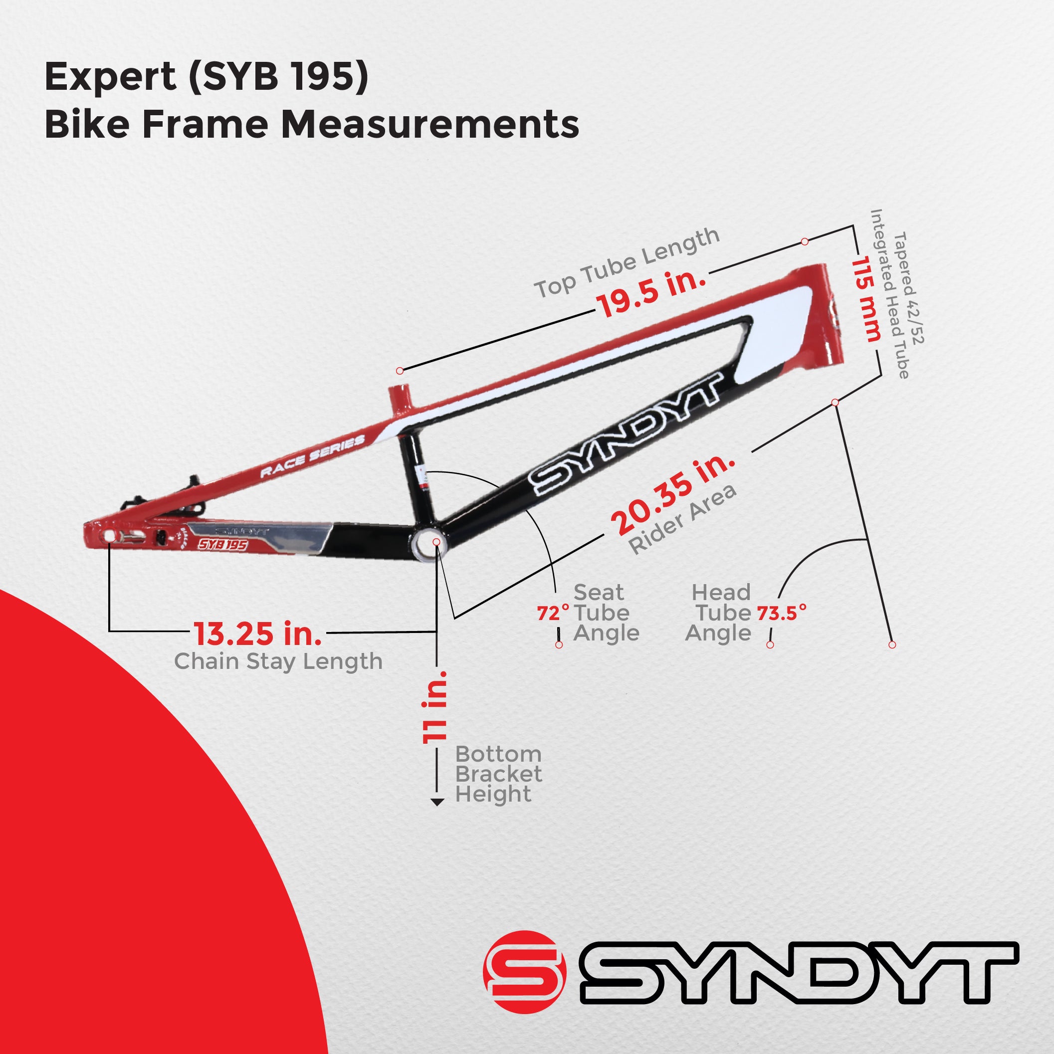 Syndyt 195 Expert BMX Racing Bike Frame – 19.5” Top Tube, 6061-T6 Aluminum (2.98 lbs), Tapered 38/42 Head Tube,Standard Euro BB, 10/15 mm Hubs, 140mm Disc Brake,  Chain Tensioners  Red Bicycle Frame