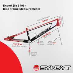 Syndyt 195 Expert BMX Racing Bike Frame – 19.5” Top Tube, 6061-T6 Aluminum (2.98 lbs), Tapered 38/42 Head Tube,Standard Euro BB, 10/15 mm Hubs, 140mm Disc Brake,  Chain Tensioners  Red Bicycle Frame