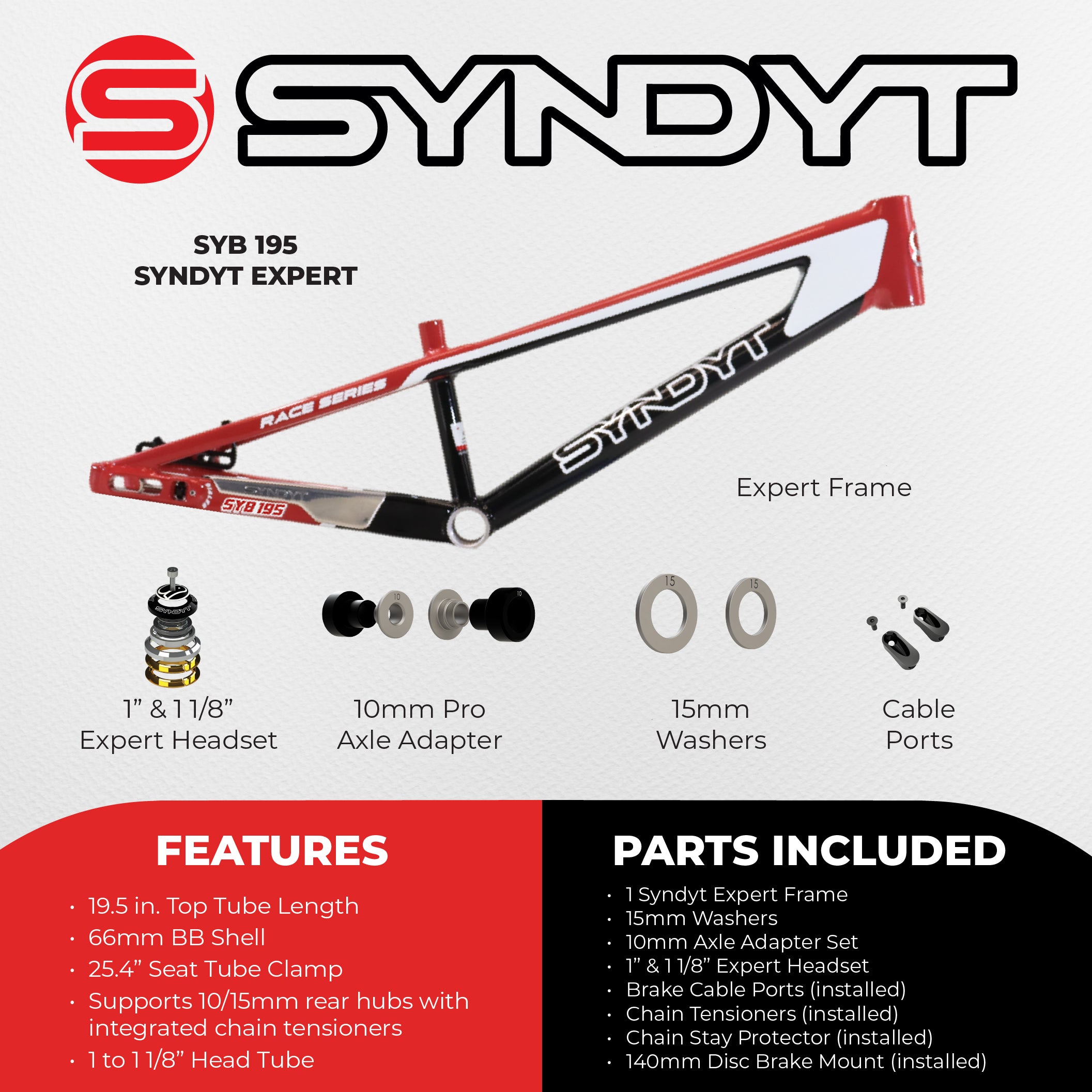 Syndyt 195 Expert BMX Racing Bike Frame – 19.5” Top Tube, 6061-T6 Aluminum (2.98 lbs), Tapered 38/42 Head Tube,Standard Euro BB, 10/15 mm Hubs, 140mm Disc Brake,  Chain Tensioners  Red Bicycle Frame