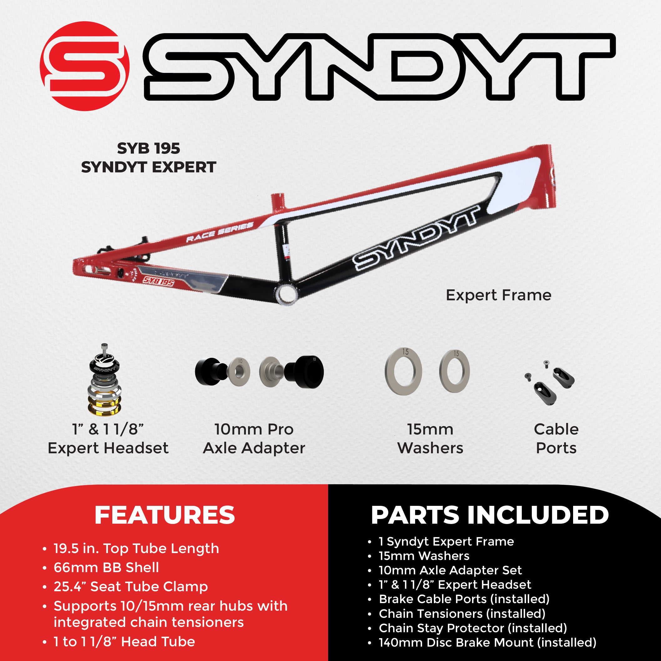 Syndyt 195 Expert BMX Racing Bike Frame – 19.5” Top Tube, 6061-T6 Aluminum (2.98 lbs), Tapered 38/42 Head Tube,Standard Euro BB, 10/15 mm Hubs, 140mm Disc Brake,  Chain Tensioners  Red Bicycle Frame