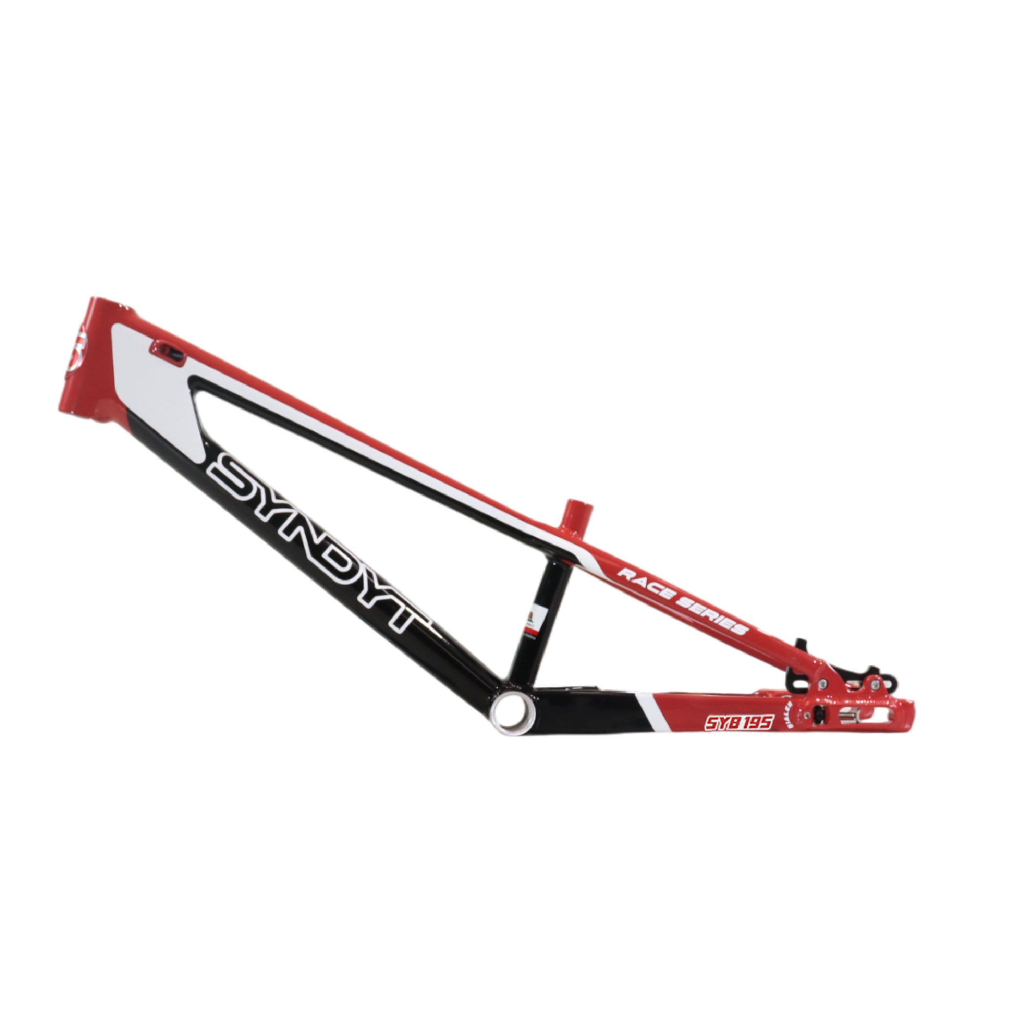 Syndyt 195 Expert BMX Racing Bike Frame – 19.5” Top Tube, 6061-T6 Aluminum (2.98 lbs), Tapered 38/42 Head Tube,Standard Euro BB, 10/15 mm Hubs, 140mm Disc Brake,  Chain Tensioners  Red Bicycle Frame