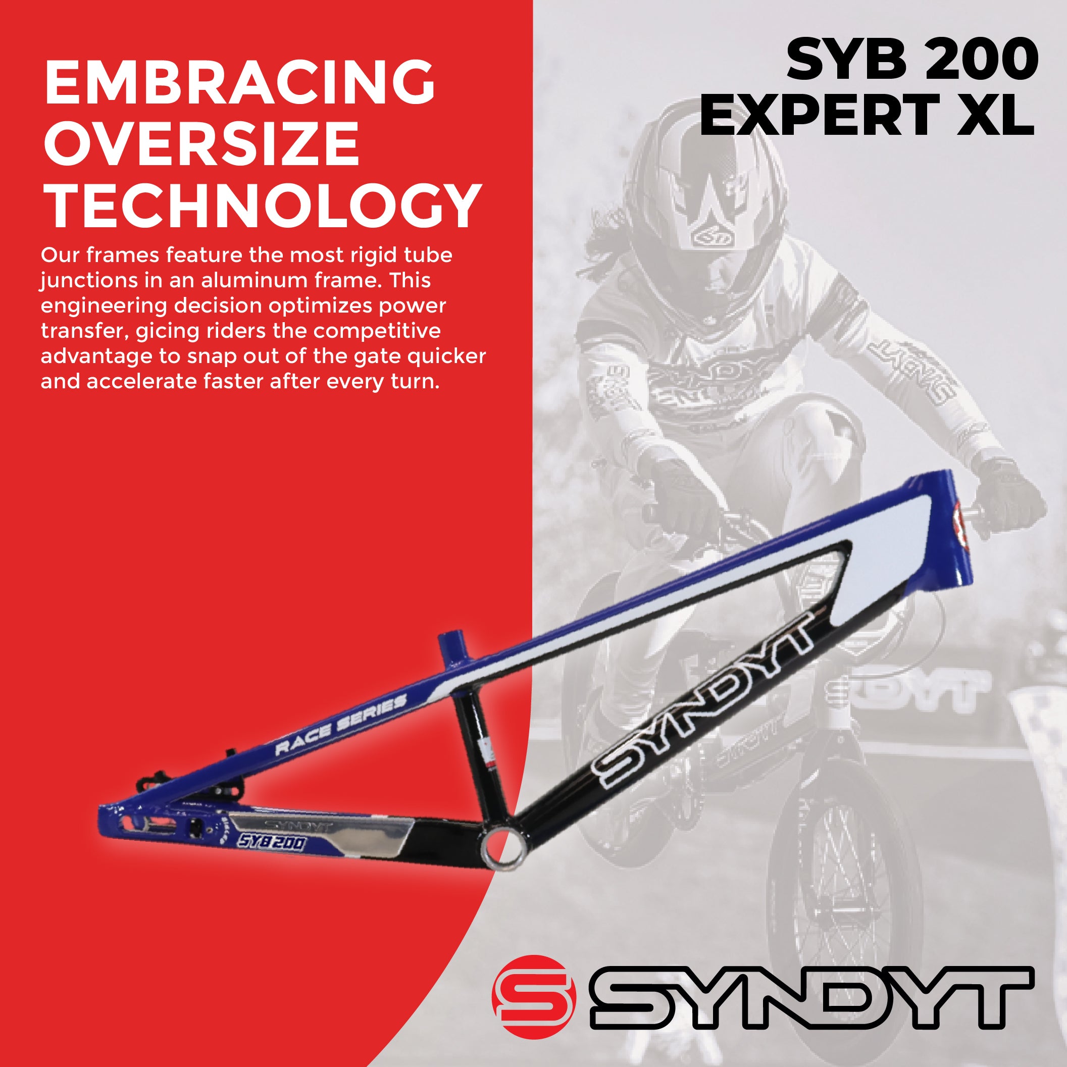 Syndyt 200 Expert XL BMX Racing Bike Frame – 20” Top Tube, 6061-T6 Aluminum (3.08 lbs), Tapered 38/42 Head Tube, Standard Euro BB, 10/15 mm Hubs, 140mm Disc Brake, Chain Tensioners  Blue Bicycle Frame
