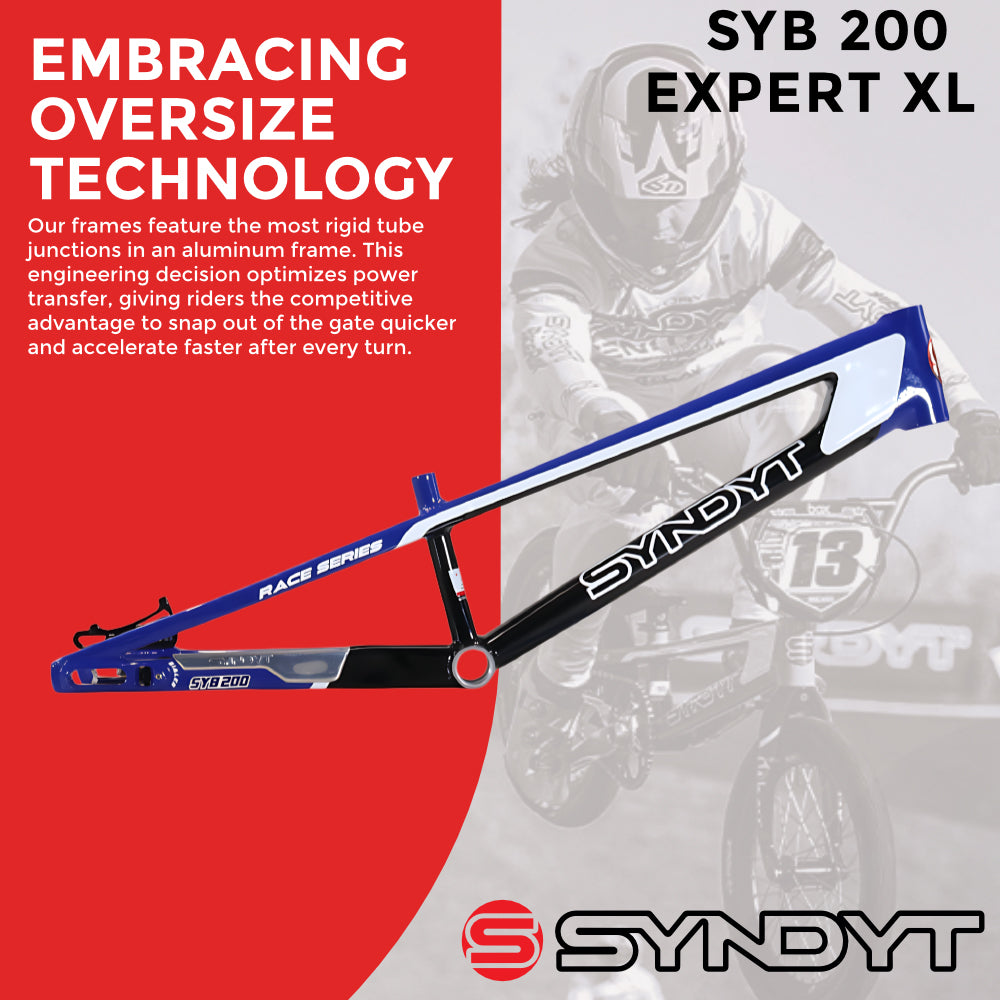 Syndyt 200 Expert XL BMX Racing Bike Frame – 20” Top Tube, 6061-T6 Aluminum (3.08 lbs), Tapered 38/42 Head Tube, Standard Euro BB, 10/15 mm Hubs, 140mm Disc Brake, Chain Tensioners  Blue Bicycle Frame