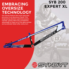 Syndyt 200 Expert XL BMX Racing Bike Frame – 20” Top Tube, 6061-T6 Aluminum (3.08 lbs), Tapered 38/42 Head Tube, Standard Euro BB, 10/15 mm Hubs, 140mm Disc Brake, Chain Tensioners  Blue Bicycle Frame