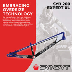Syndyt 200 Expert XL BMX Racing Bike Frame – 20” Top Tube, 6061-T6 Aluminum (3.08 lbs), Tapered 38/42 Head Tube, Standard Euro BB, 10/15 mm Hubs, 140mm Disc Brake, Chain Tensioners  Blue Bicycle Frame