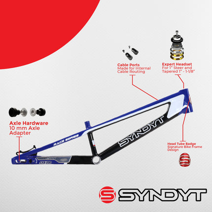 Syndyt 200 Expert XL BMX Racing Bike Frame – 20” Top Tube, 6061-T6 Aluminum (3.08 lbs), Tapered 38/42 Head Tube, Standard Euro BB, 10/15 mm Hubs, 140mm Disc Brake, Chain Tensioners  Blue Bicycle Frame