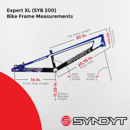 Syndyt 200 Expert XL BMX Racing Bike Frame – 20” Top Tube, 6061-T6 Aluminum (3.08 lbs), Tapered 38/42 Head Tube, Standard Euro BB, 10/15 mm Hubs, 140mm Disc Brake, Chain Tensioners  Blue Bicycle Frame
