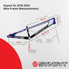 Syndyt 200 Expert XL BMX Racing Bike Frame – 20” Top Tube, 6061-T6 Aluminum (3.08 lbs), Tapered 38/42 Head Tube, Standard Euro BB, 10/15 mm Hubs, 140mm Disc Brake, Chain Tensioners  Blue Bicycle Frame