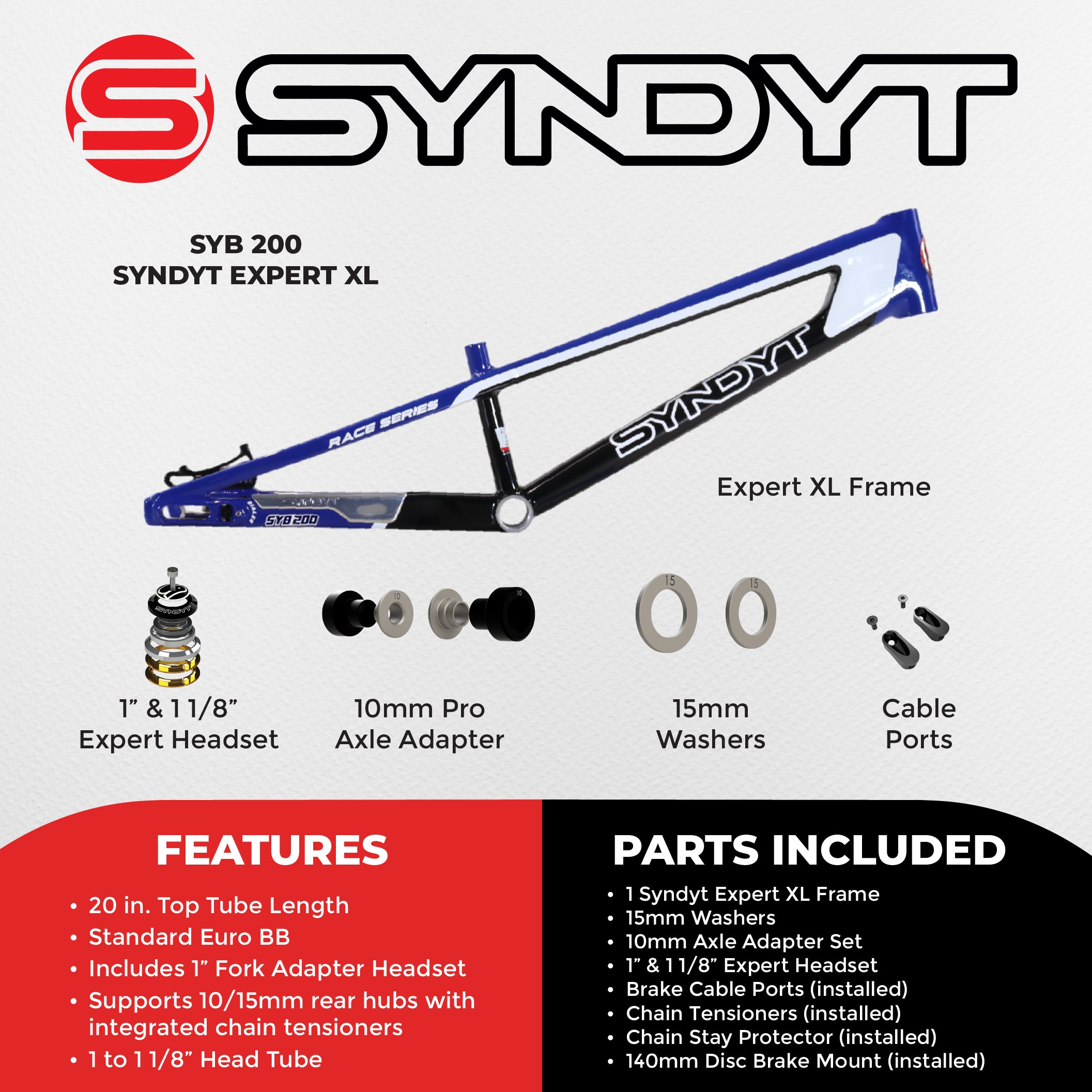 Syndyt 200 Expert XL BMX Racing Bike Frame – 20” Top Tube, 6061-T6 Aluminum (3.08 lbs), Tapered 38/42 Head Tube, Standard Euro BB, 10/15 mm Hubs, 140mm Disc Brake, Chain Tensioners  Blue Bicycle Frame